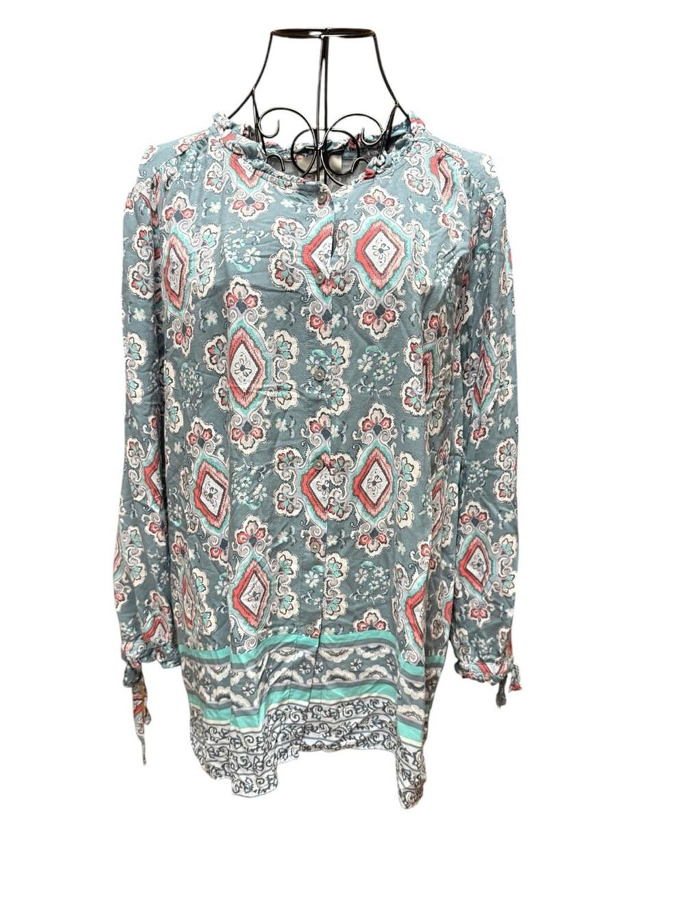 LOFT Teal Print Long Sleeve Blouse with Coral Accents XL